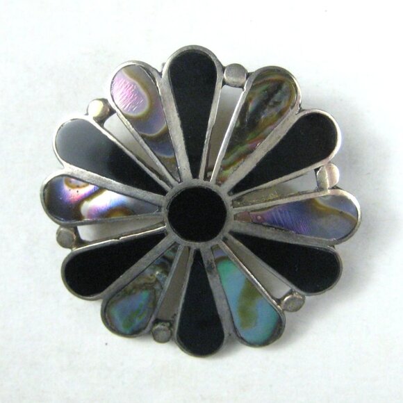 Campo Taxco Mexico Vintage Sterling Silver Abalone Onyx Inlay Brooch Pin 925 MCM - Picture 1 of 5